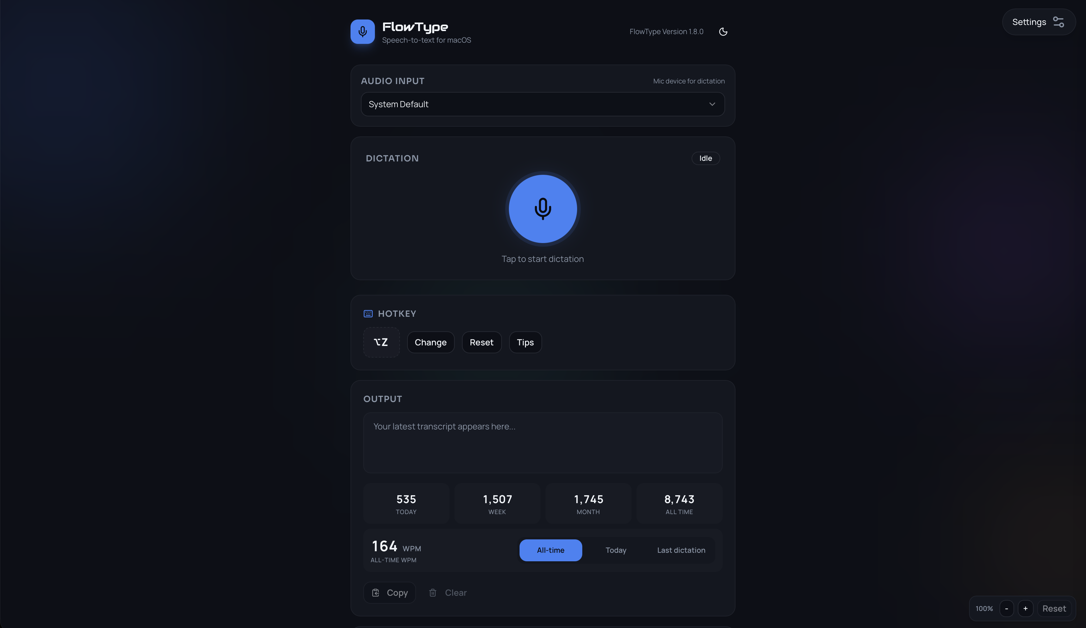 FlowType app — main interface showing dictation, hotkey settings, and transcription output