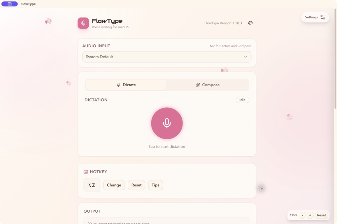 The Dictate and Compose toggle at the top of the FlowType window
